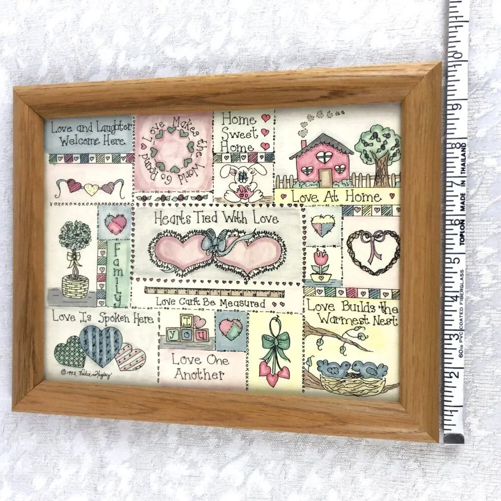 Vintage 1992 Mixed Media Love Framed Art Hand-Colored Signed 12½”x10” Wall Decor